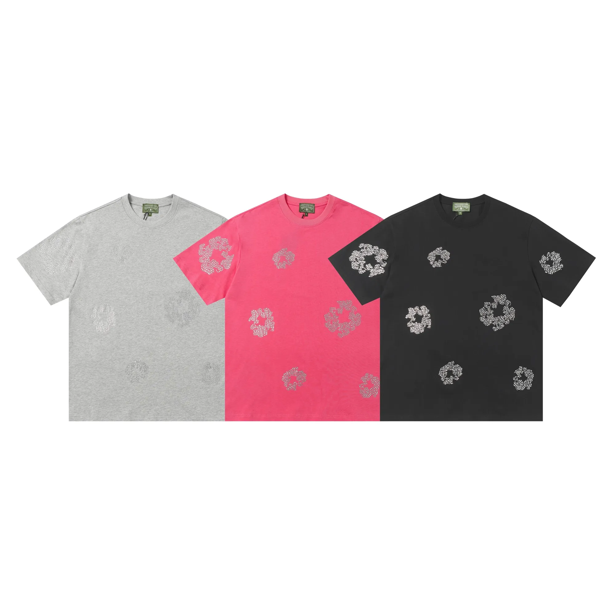 P104 205#DENIM TEARS Kapok European and American trendy brand high-quality crystal hot diamond short-sleeved suit Color: Black Gray Rose Red Size S-XL